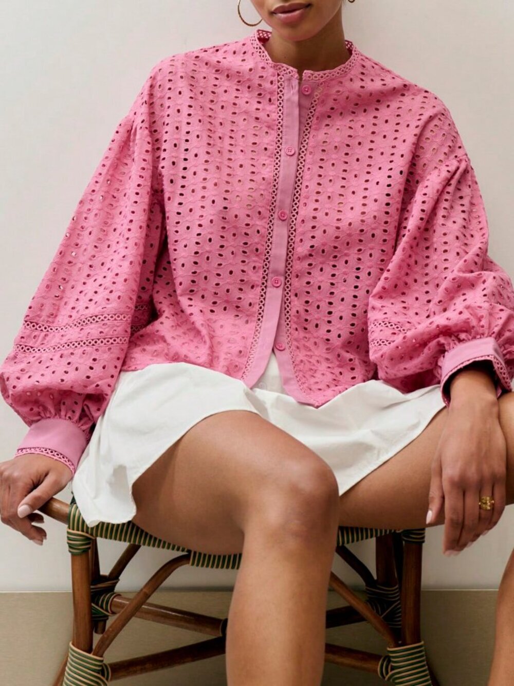 Pink Casual Women's Button Down Eyelet Blouse - Picture 5 of 6